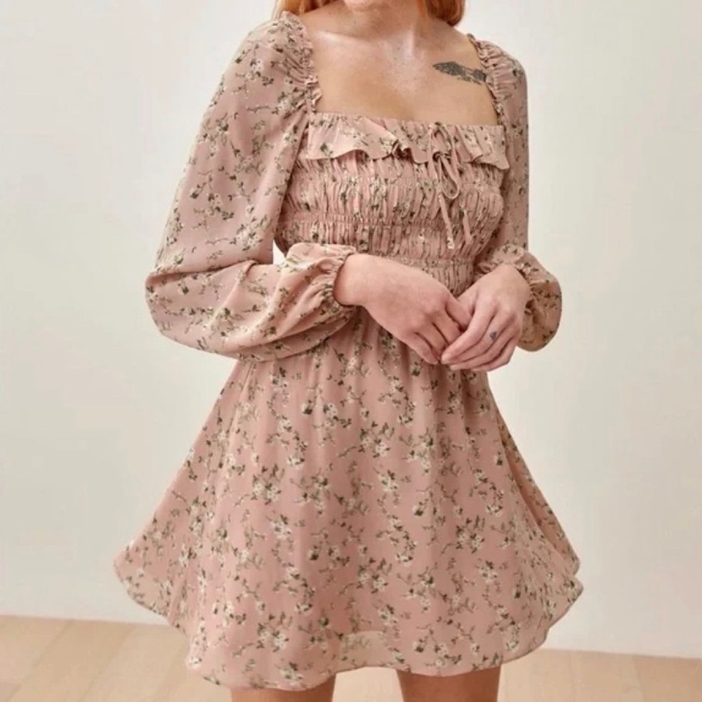 Reformation Morris Mini Dress Melody Blush Pink Long Sleeve Smocked Floral Sz 10
